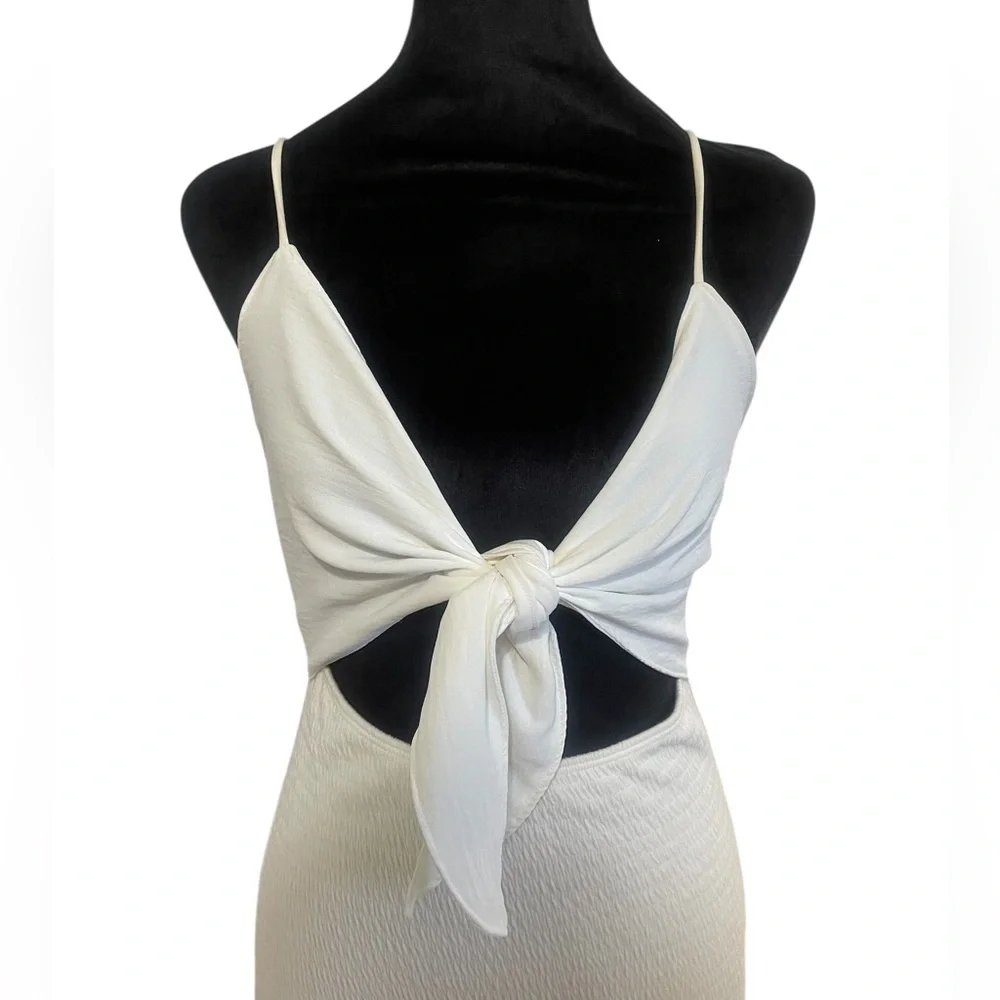 White spaghetti strap mini dress, tie, front,cut out,Large - Picture 3 of 8